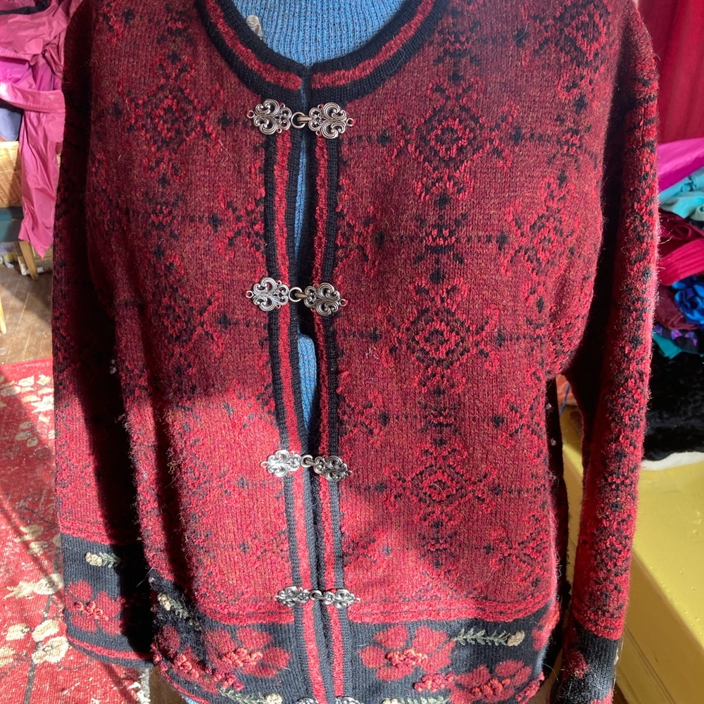 Red with Floral and Geometric Patterned Women's Sweater